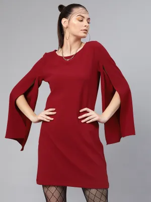 Maroon Cape Sleeves Shift Dress