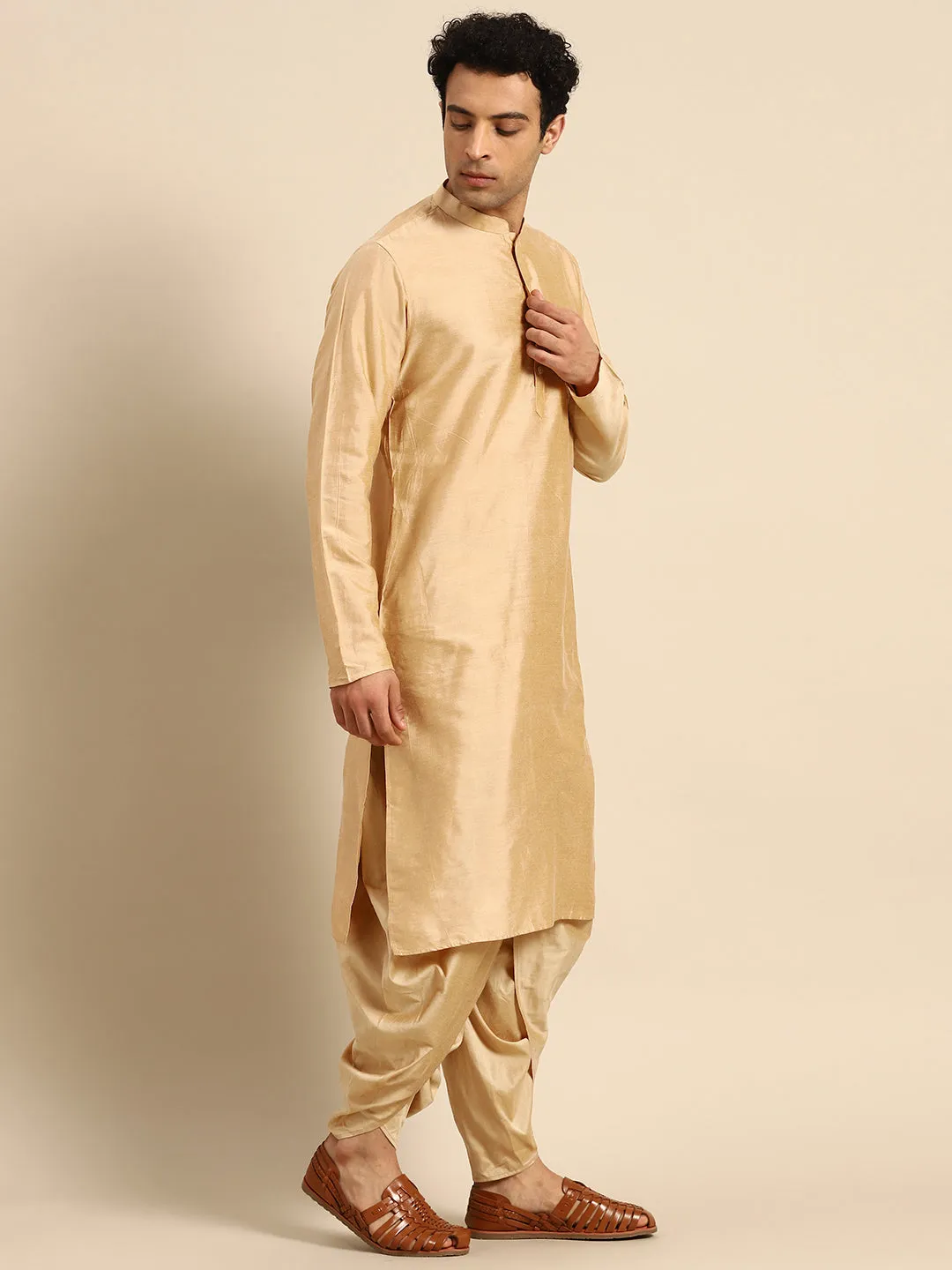 Men Biege Kurta Jacket Dhoti Set