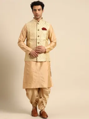 Men Biege Kurta Jacket Dhoti Set
