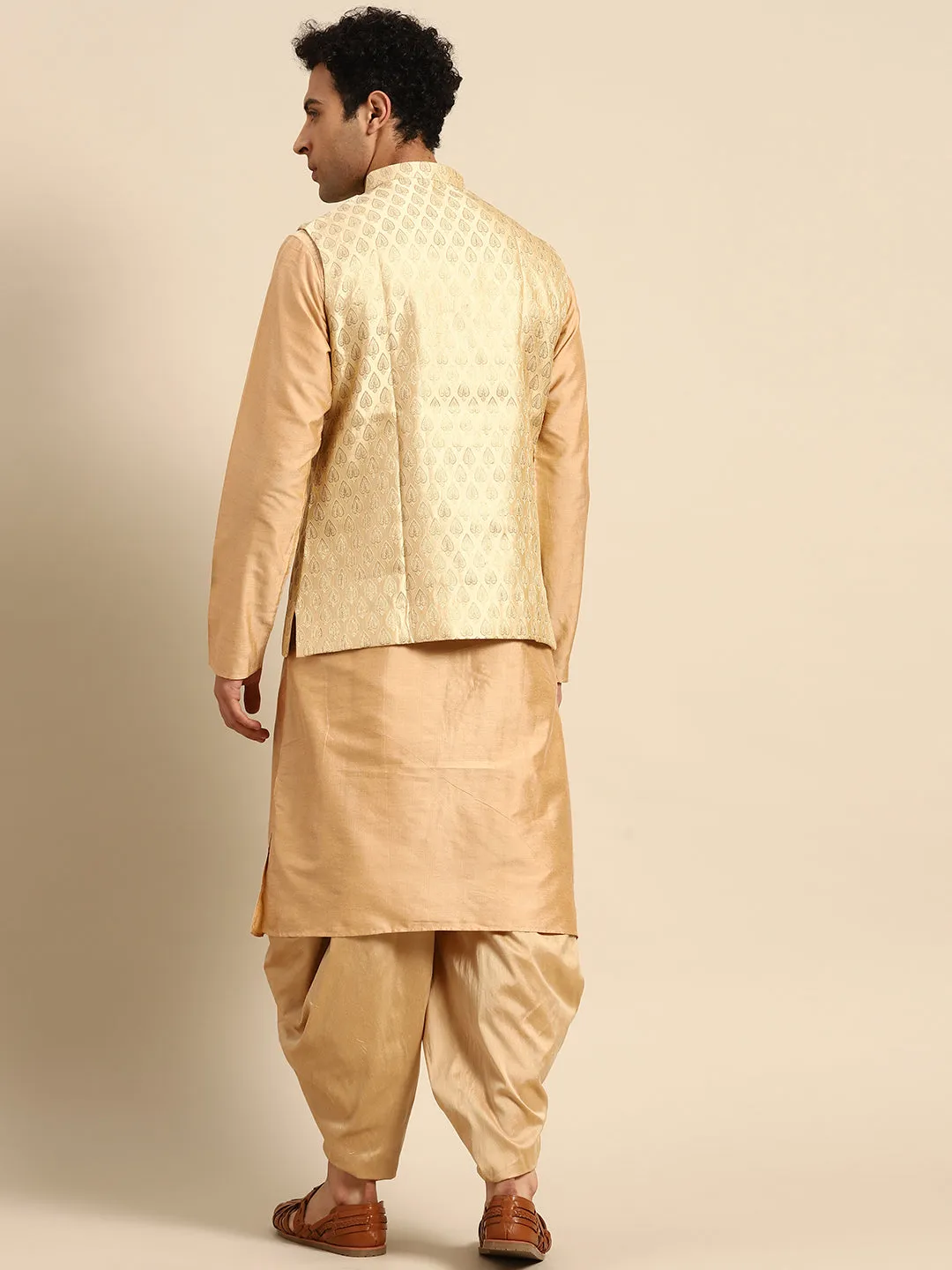 Men Biege Kurta Jacket Dhoti Set