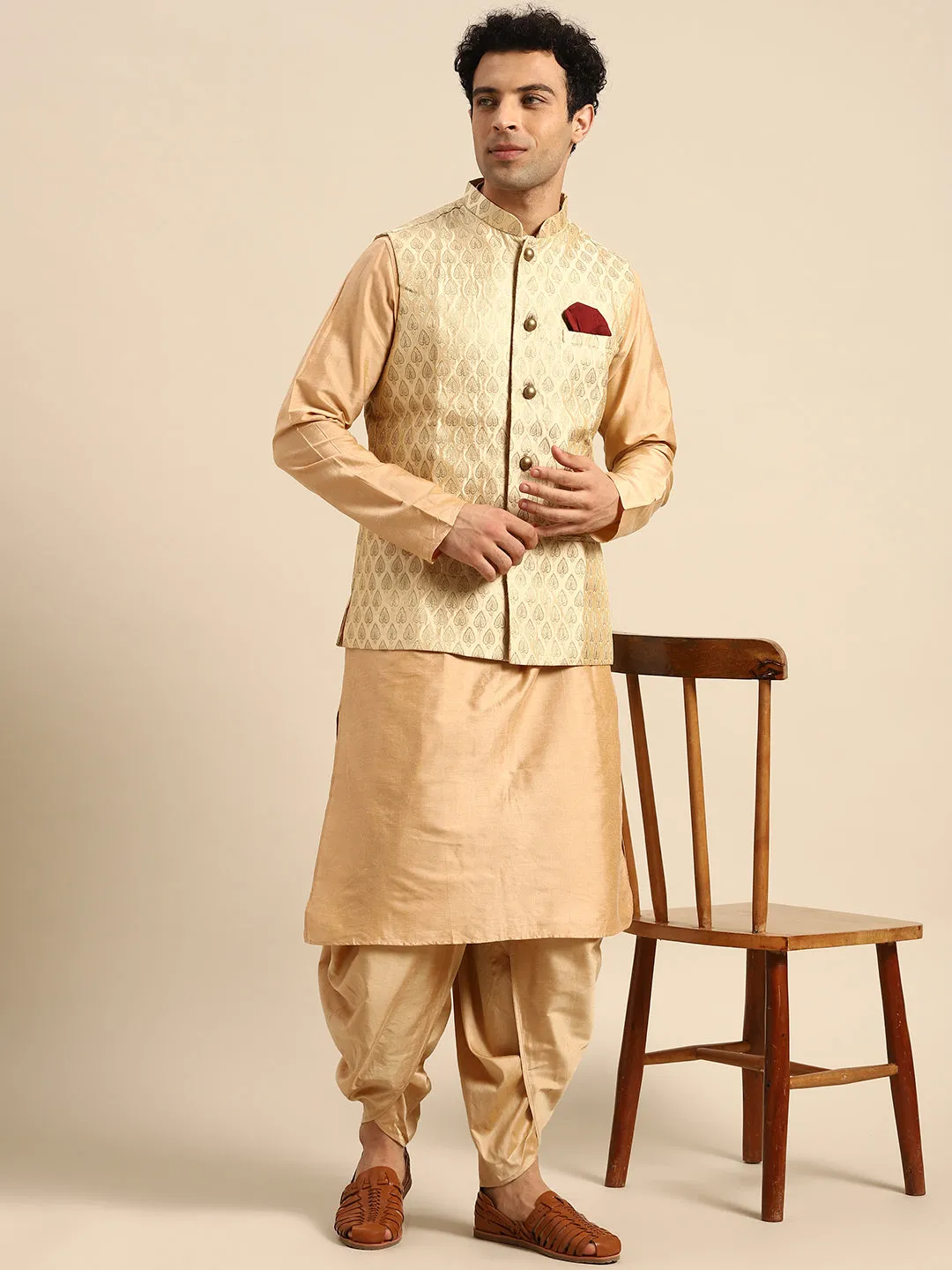 Men Biege Kurta Jacket Dhoti Set