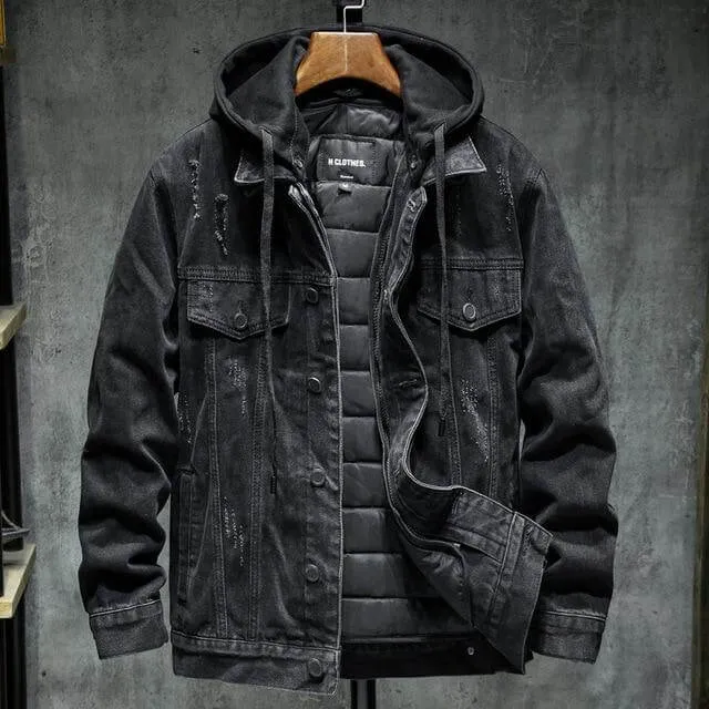Men Black/blue Hooded Jean Jacket