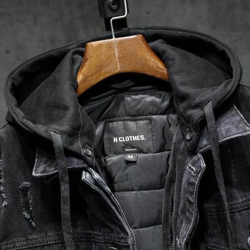 Men Black/blue Hooded Jean Jacket