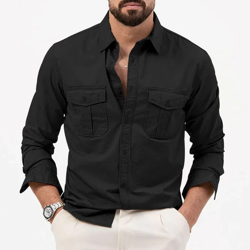 Men Lapel Collar Front Flap Pocket Long Sleeve Shirt