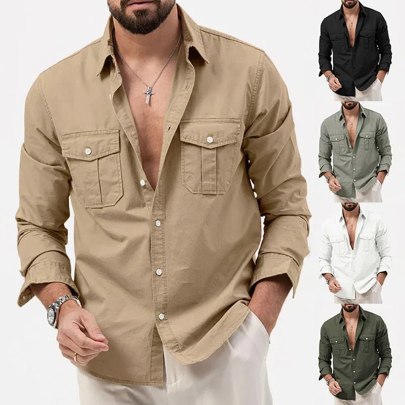 Men Lapel Collar Front Flap Pocket Long Sleeve Shirt