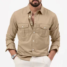Men Lapel Collar Front Flap Pocket Long Sleeve Shirt