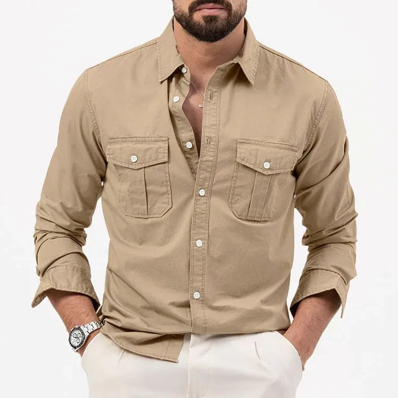 Men Lapel Collar Front Flap Pocket Long Sleeve Shirt