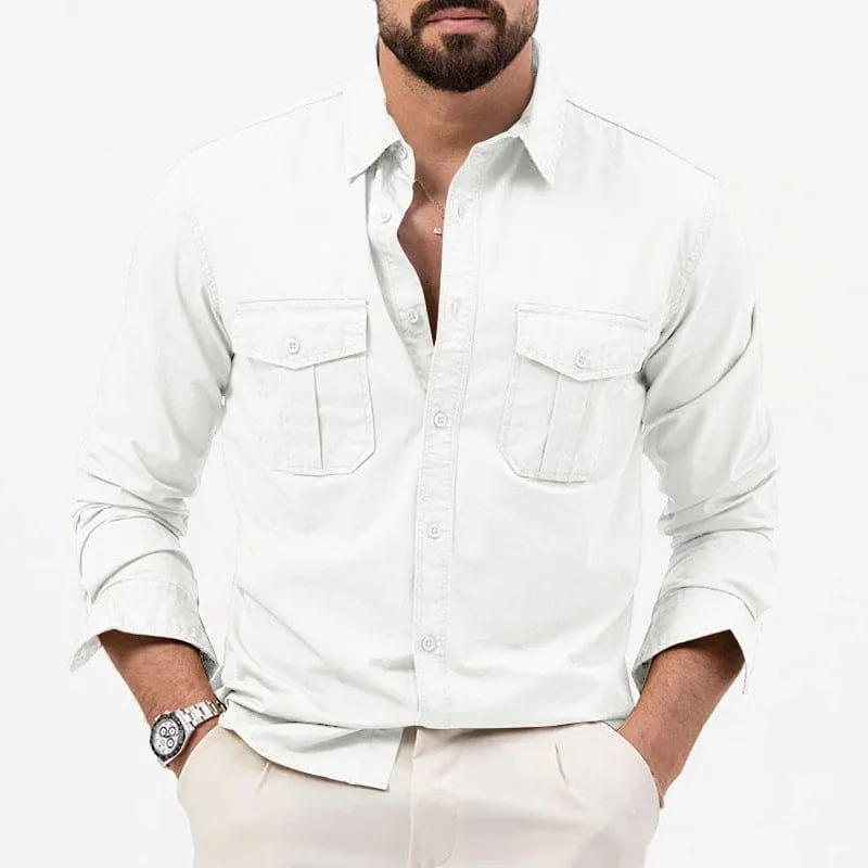 Men Lapel Collar Front Flap Pocket Long Sleeve Shirt