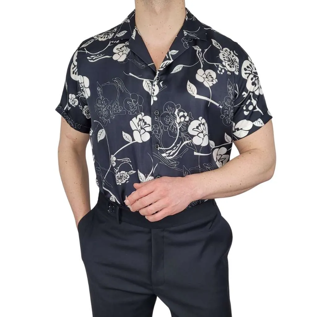 Mens Gothic Floral Short Sleeve Silk Shirt