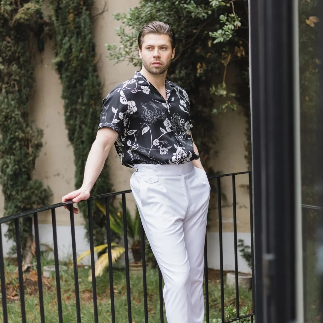Mens Gothic Floral Short Sleeve Silk Shirt
