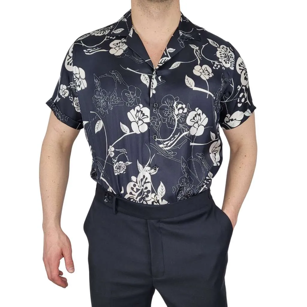 Mens Gothic Floral Short Sleeve Silk Shirt