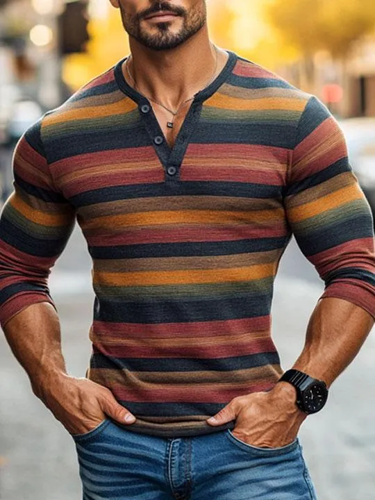 Men's Henley Collar Contrast Stripe Casual Long Sleeve T-Shirt