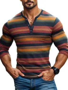 Men's Henley Collar Contrast Stripe Casual Long Sleeve T-Shirt