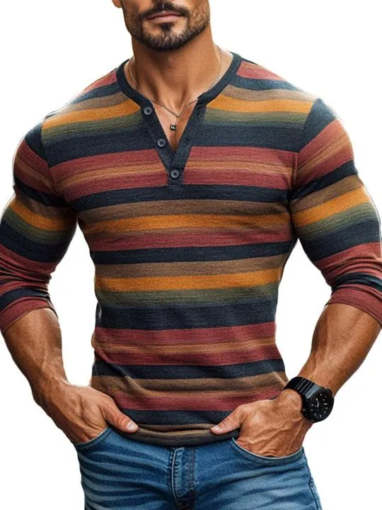 Men's Henley Collar Contrast Stripe Casual Long Sleeve T-Shirt