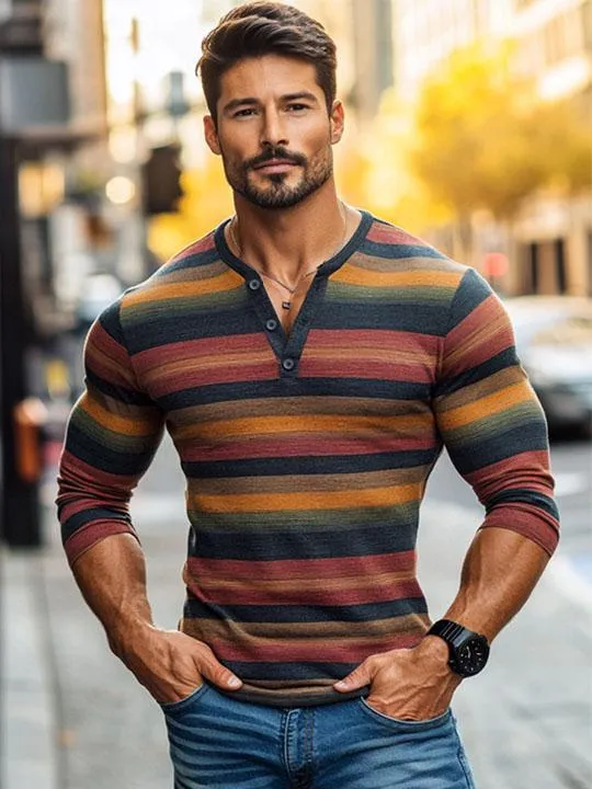 Men's Henley Collar Contrast Stripe Casual Long Sleeve T-Shirt