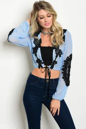 Misses Blue with Black Lace Accents Bolero Cardigan
