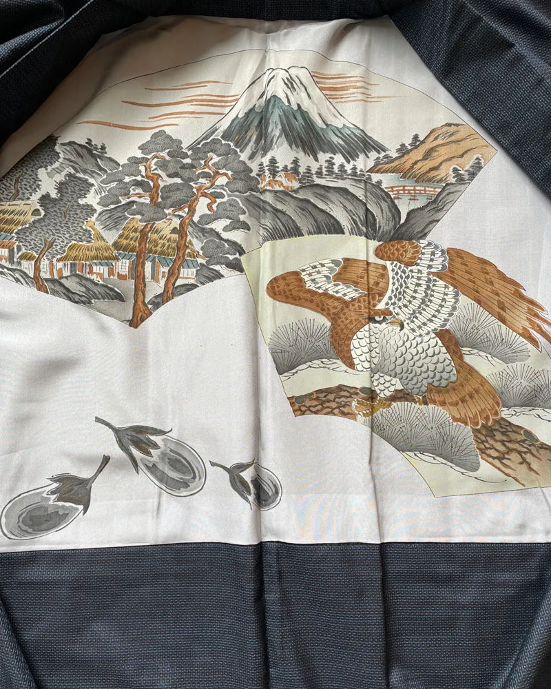 Mount Fuji, Eagle, Pine Tree, and Egg Plant Oshima Tsumugi Haori Kimono Jacket