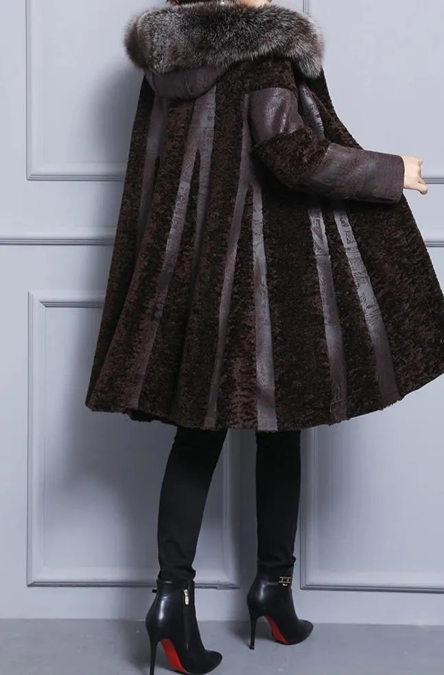 Natural Fox Fur Hooded Wool  Vintage Long Sheep Shearing Coat
