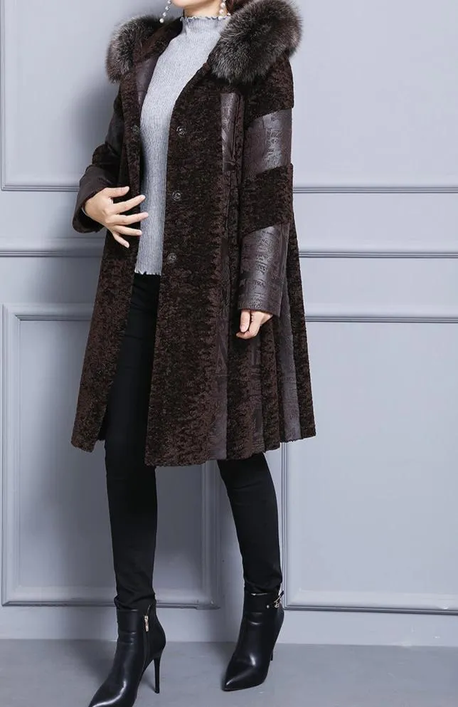 Natural Fox Fur Hooded Wool  Vintage Long Sheep Shearing Coat