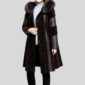 Natural Fox Fur Hooded Wool  Vintage Long Sheep Shearing Coat