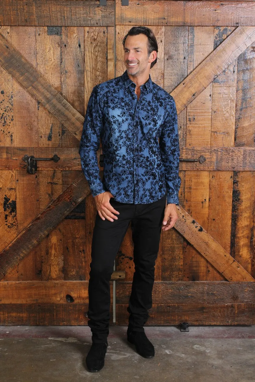 Navy Denim Button Down Shirt W/ Black Flocking