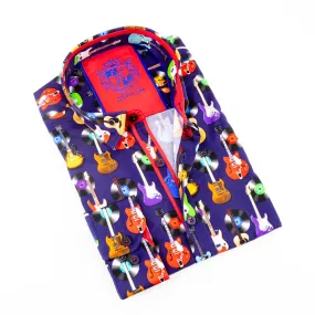 Navy Guitars And Records Button Down Print Shirt