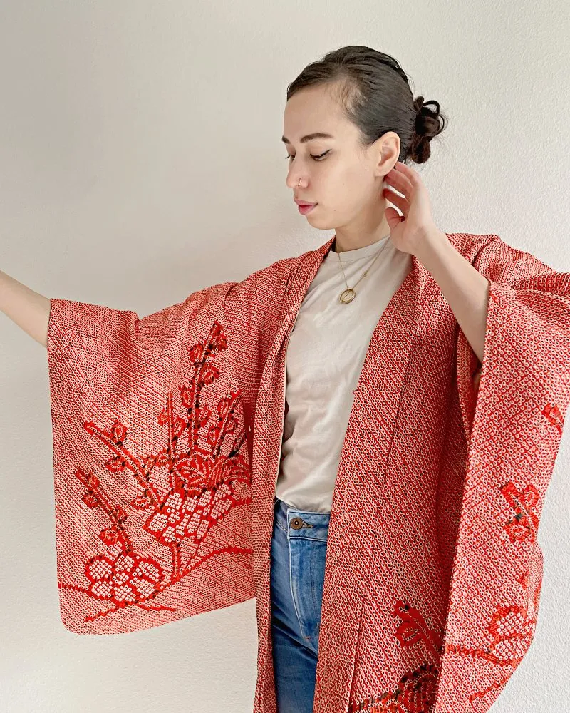 Orange Plum Floral Shibori Haori Kimono Jacket