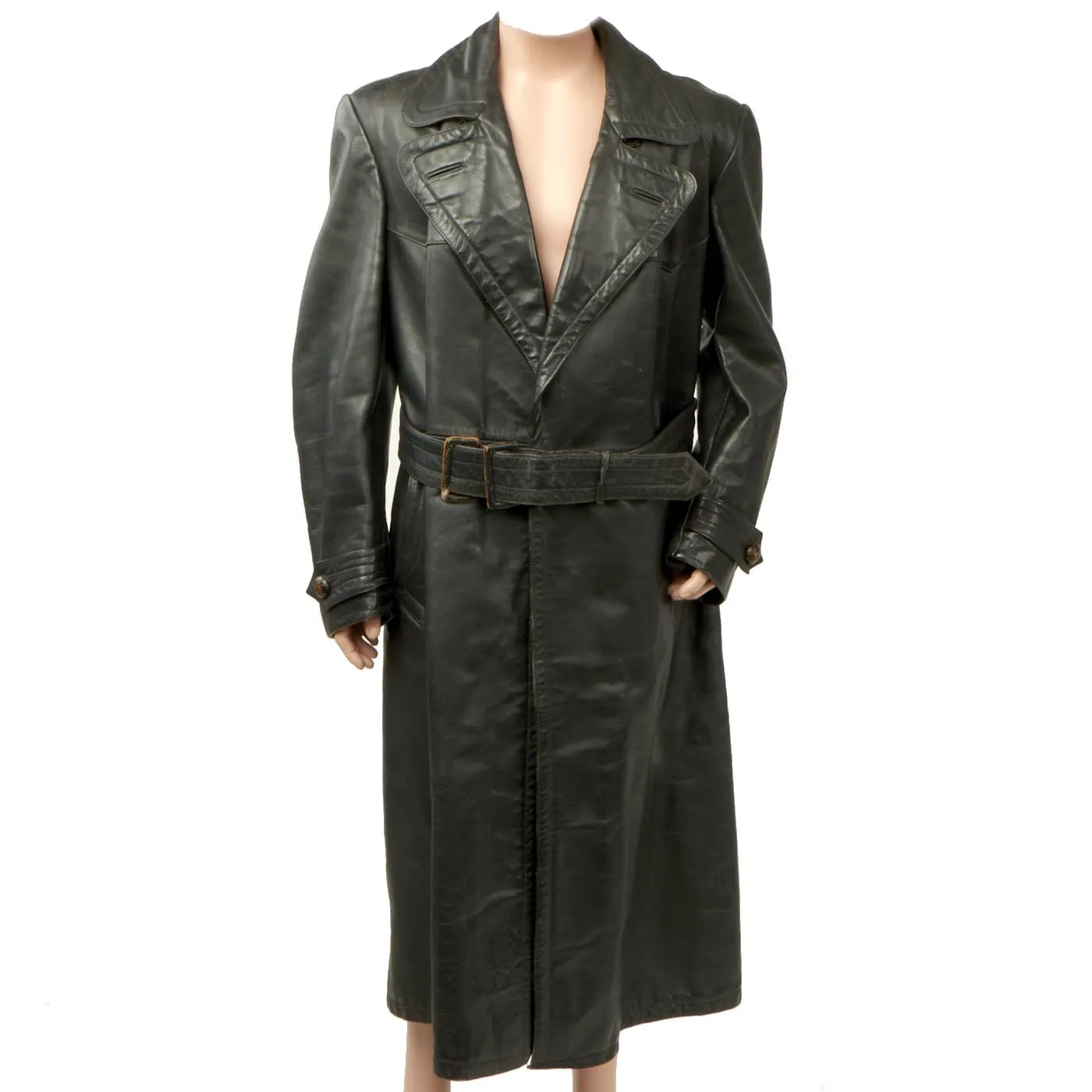 Original German WWII Officer Black Leather Greatcoat
