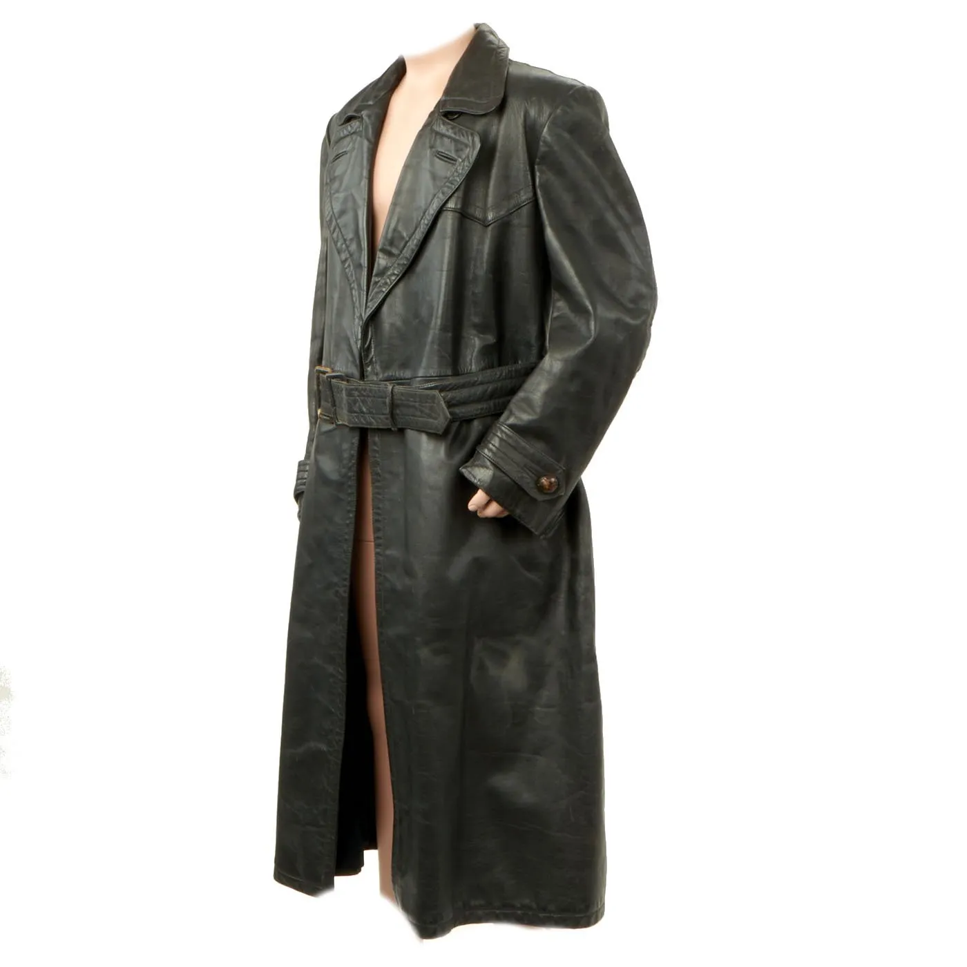 Original German WWII Officer Black Leather Greatcoat