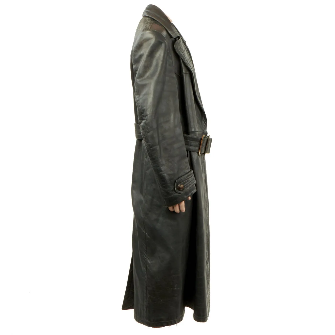 Original German WWII Officer Black Leather Greatcoat