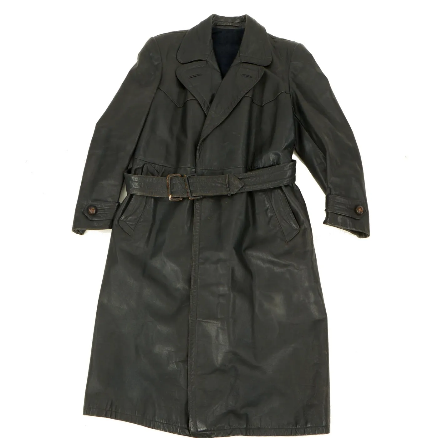 Original German WWII Officer Black Leather Greatcoat