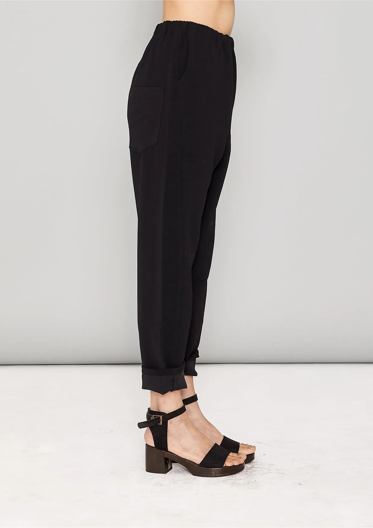 PANTS STRETCH HIGH WAIST - VINTAGE SAKURA CREPE black plain