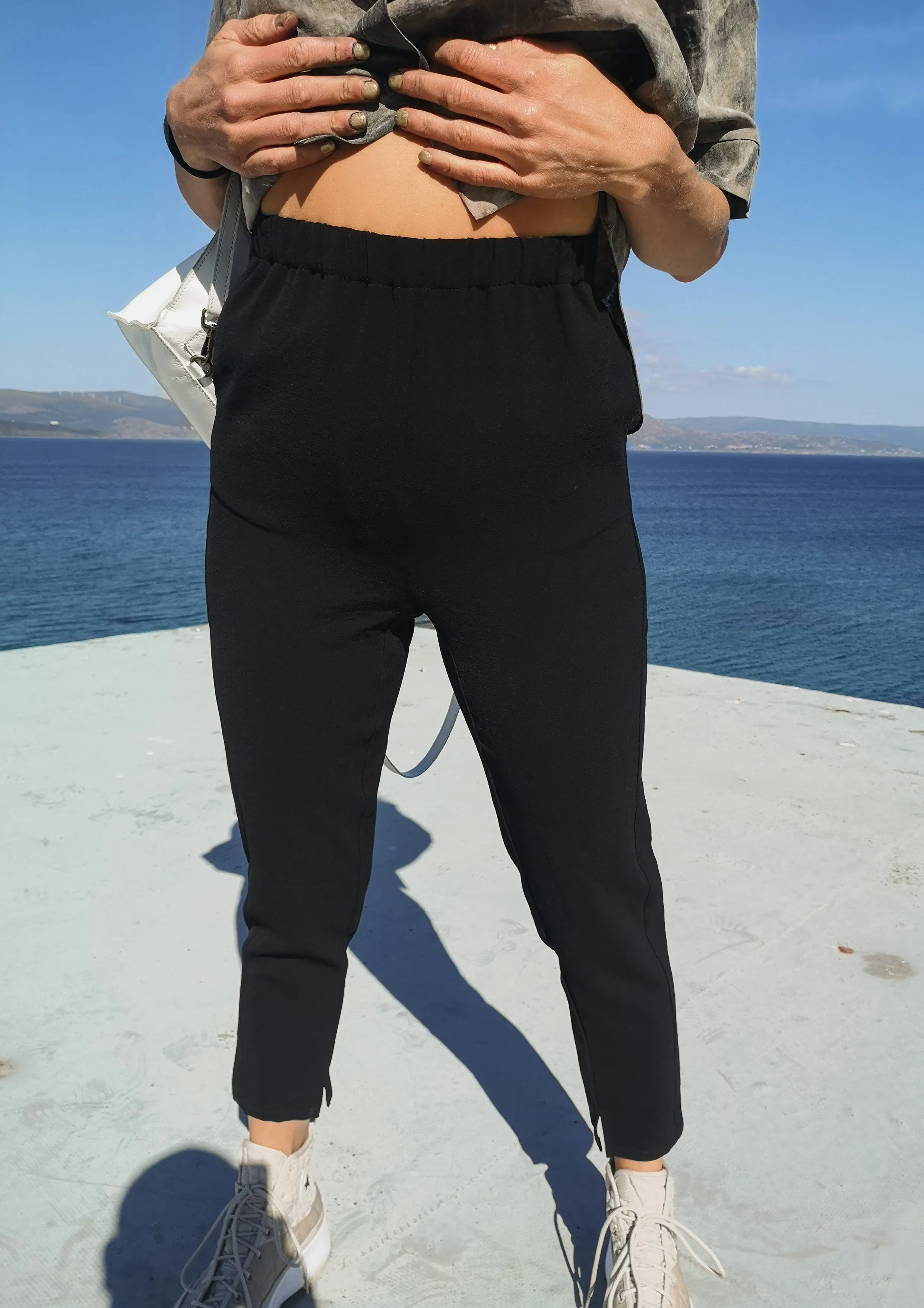 PANTS STRETCH HIGH WAIST - VINTAGE SAKURA CREPE black plain
