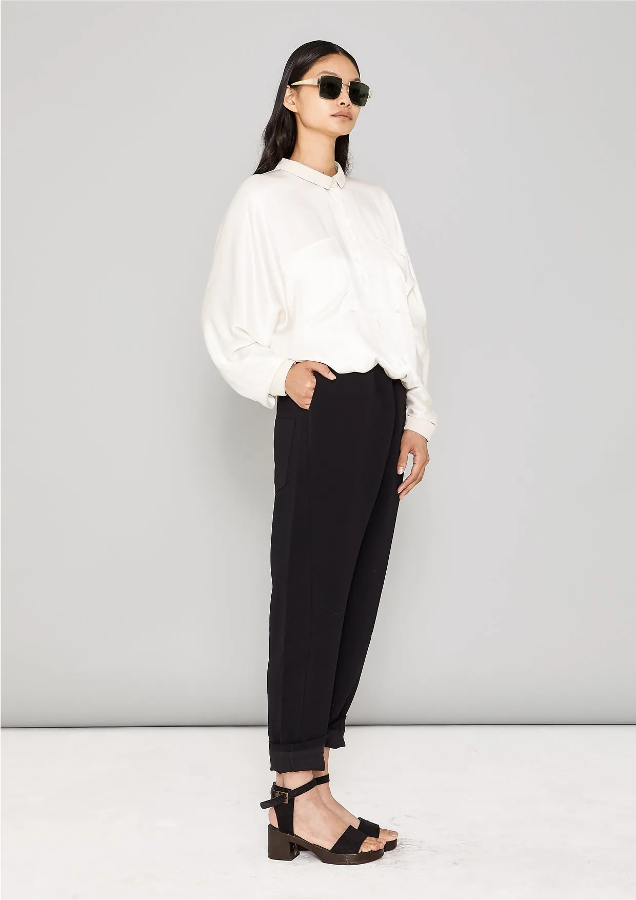 PANTS STRETCH HIGH WAIST - VINTAGE SAKURA CREPE black plain