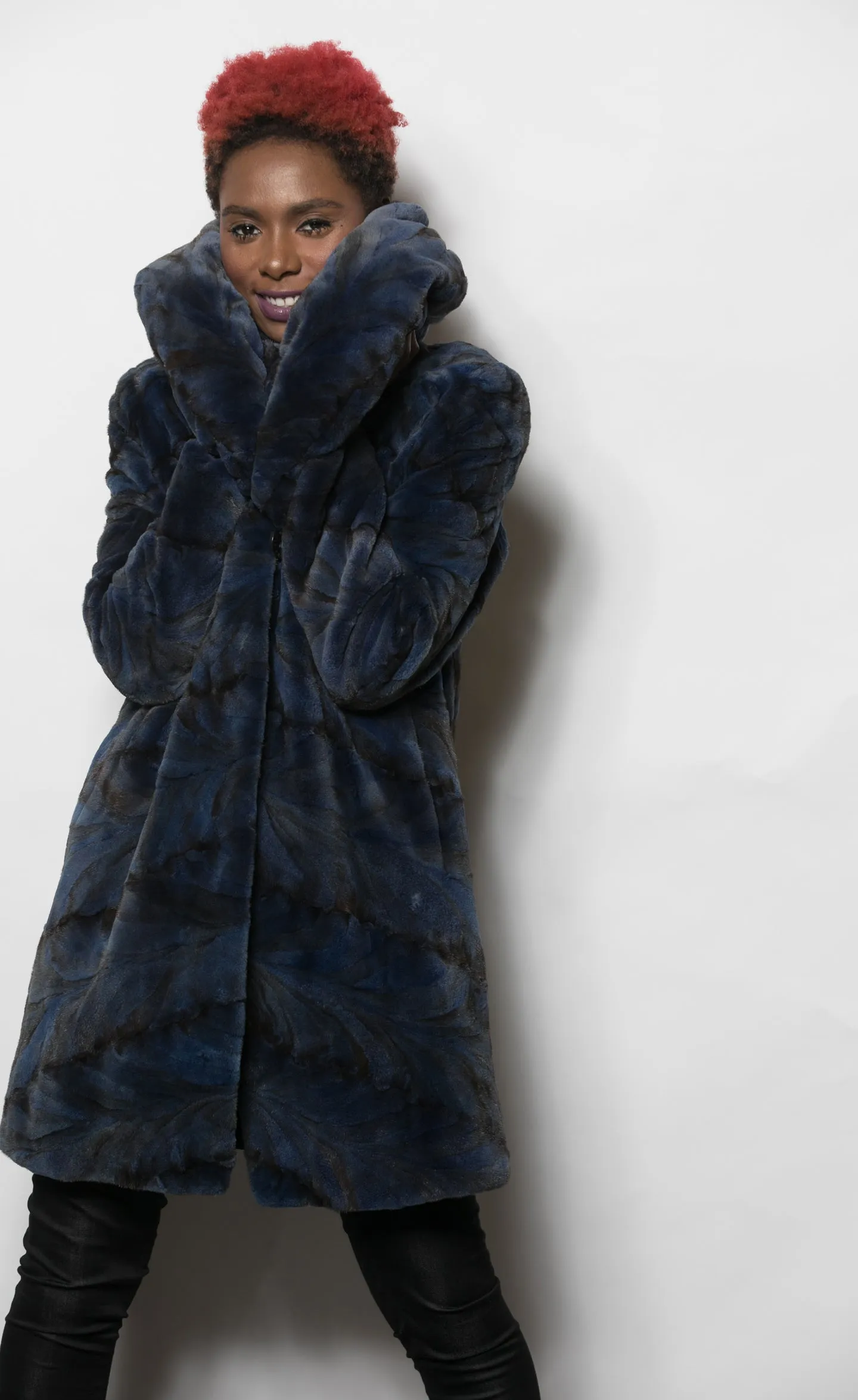 Petro Blue Sculptured Mink w Puffed Shawl Collar