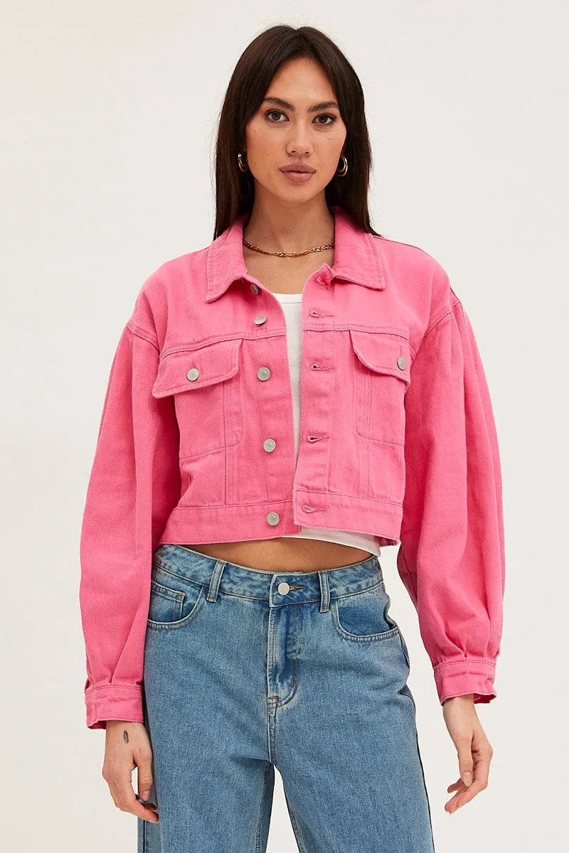 Pink Demin Jacket Long Sleeve Crop