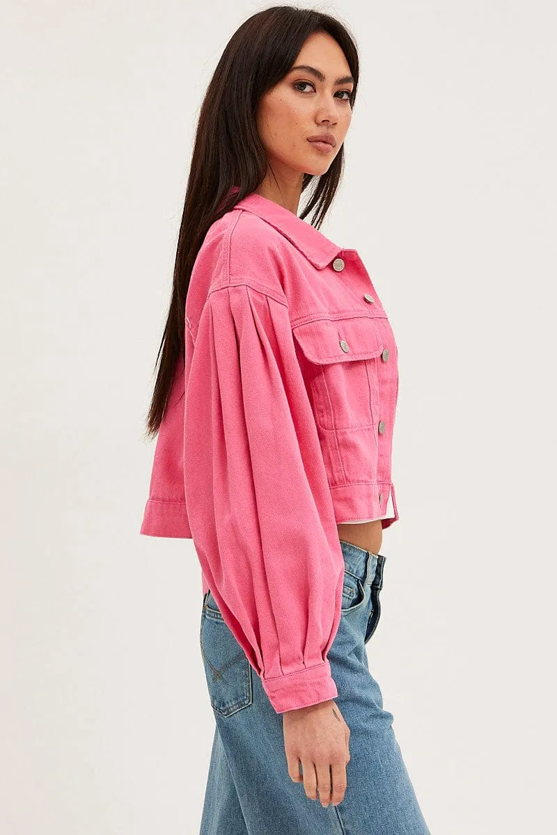 Pink Demin Jacket Long Sleeve Crop