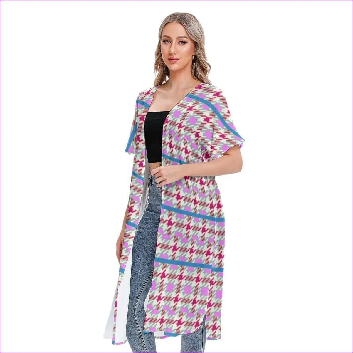 Pink Houndstooth Womens Short Sleeve Cardigan