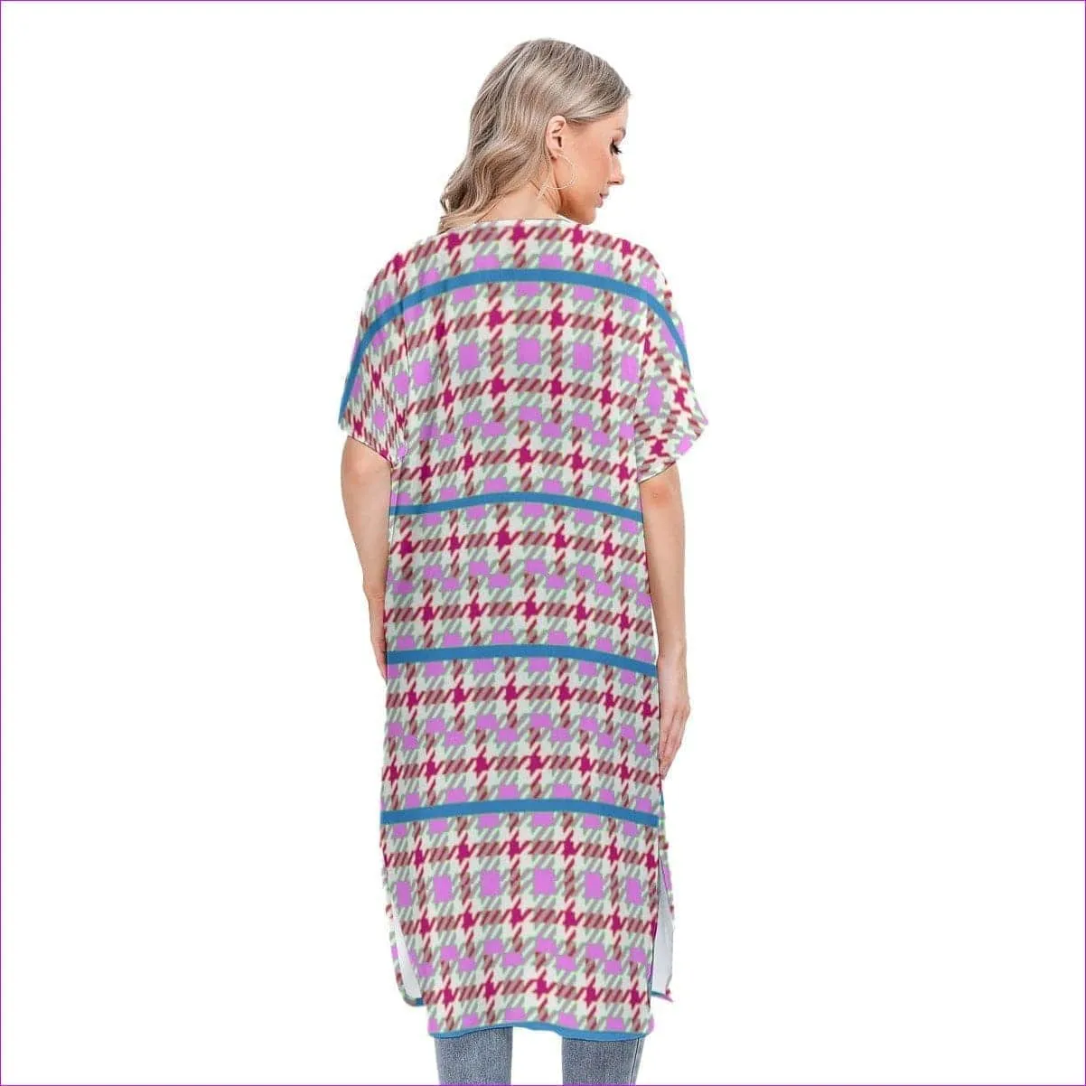 Pink Houndstooth Womens Short Sleeve Cardigan