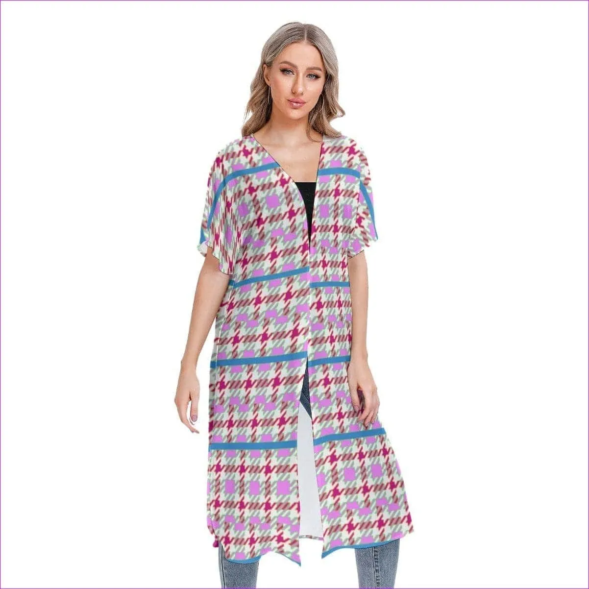 Pink Houndstooth Womens Short Sleeve Cardigan