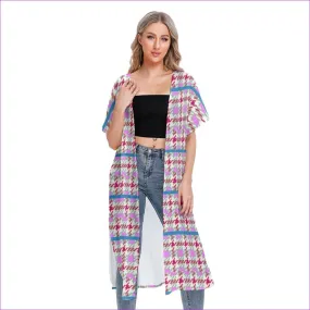 Pink Houndstooth Womens Short Sleeve Cardigan