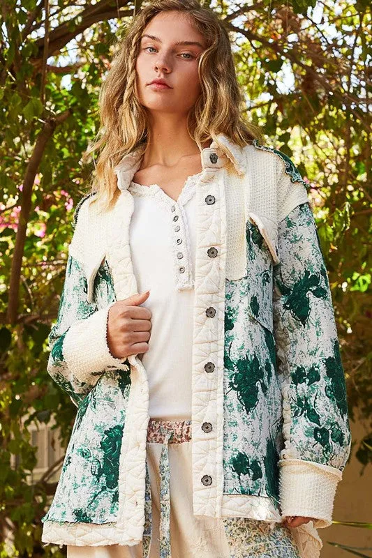 POL Quilted Patchwork Abstract Waffle Knit Exposed Raw Seam Oversized Jacket