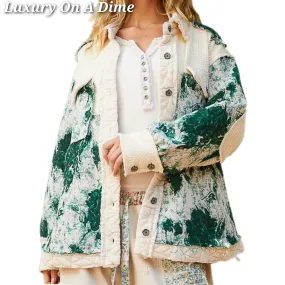 POL Quilted Patchwork Abstract Waffle Knit Exposed Raw Seam Oversized Jacket