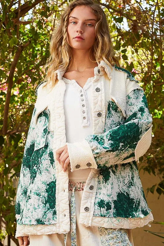 POL Quilted Patchwork Abstract Waffle Knit Exposed Raw Seam Oversized Jacket