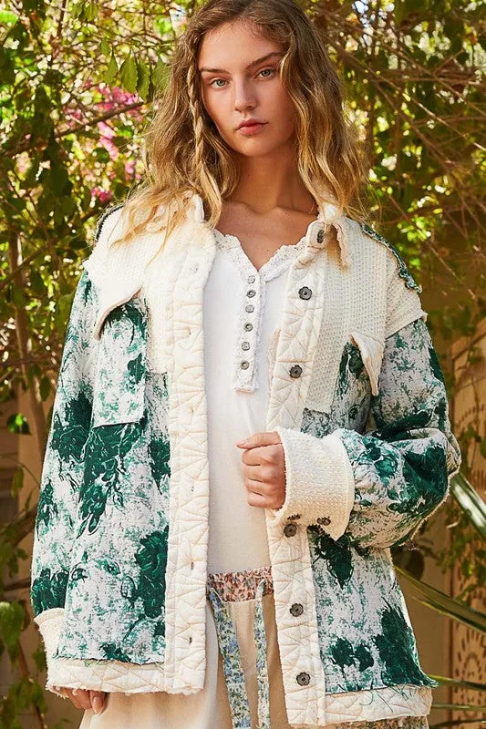 POL Quilted Patchwork Abstract Waffle Knit Exposed Raw Seam Oversized Jacket
