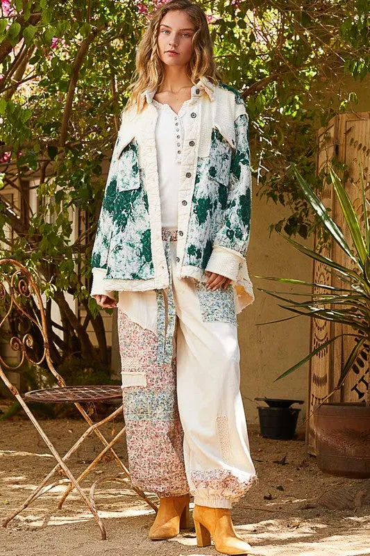 POL Quilted Patchwork Abstract Waffle Knit Exposed Raw Seam Oversized Jacket