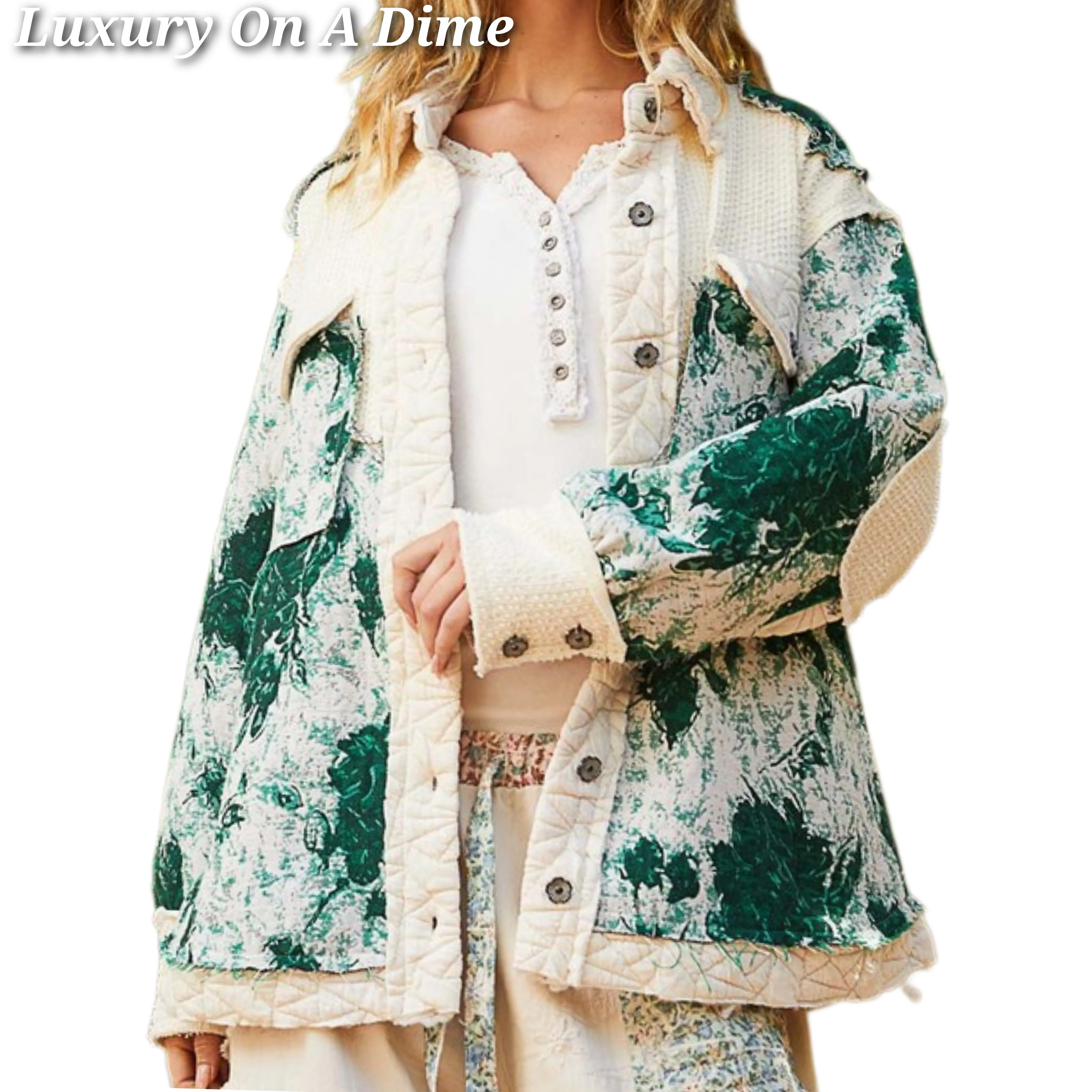 POL Quilted Patchwork Abstract Waffle Knit Exposed Raw Seam Oversized Jacket