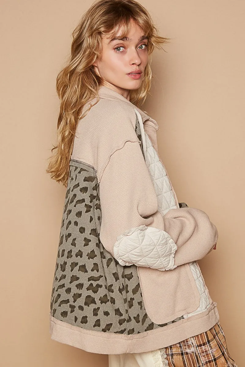 POL Quilted Patchwork Leopard Waffle Knit Exposed Seam Oversized Jacket Cardigan