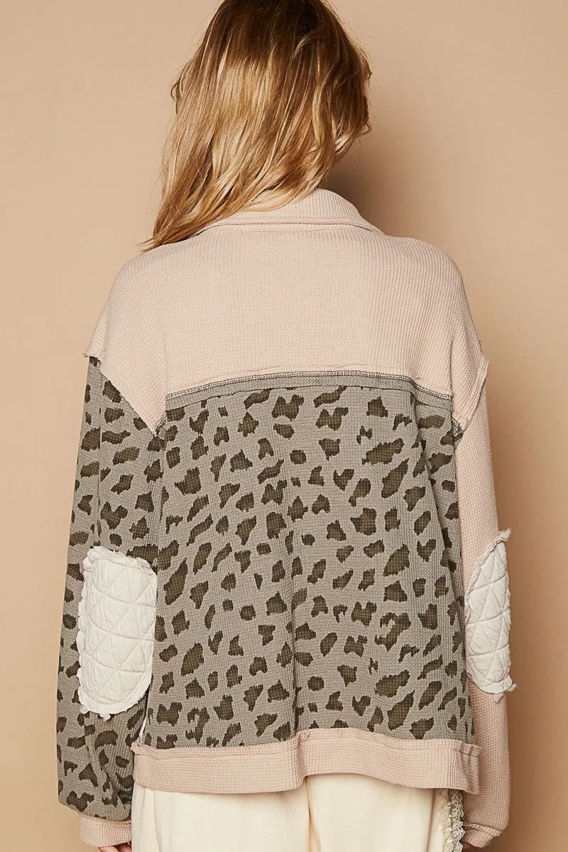 POL Quilted Patchwork Leopard Waffle Knit Exposed Seam Oversized Jacket Cardigan