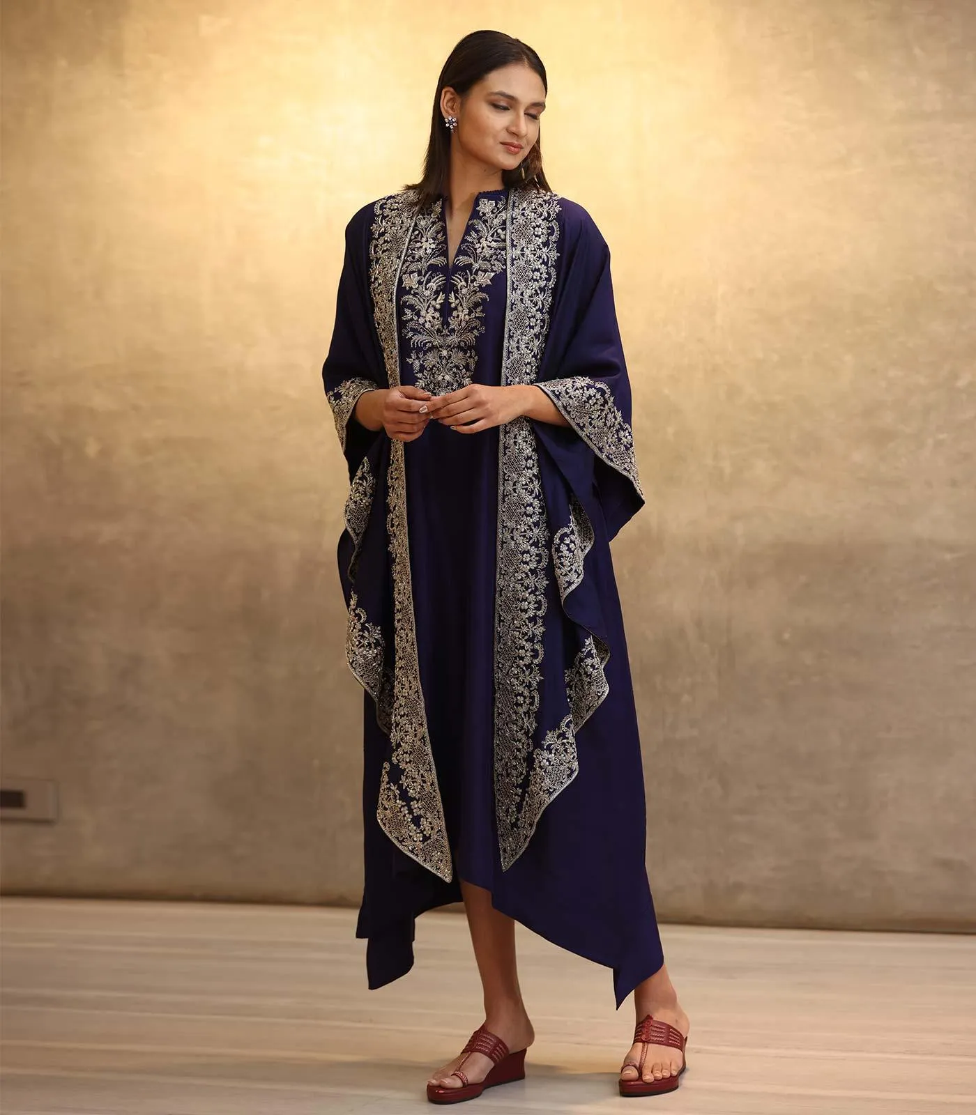 Purple Kaftan with Cape Embroidered Set